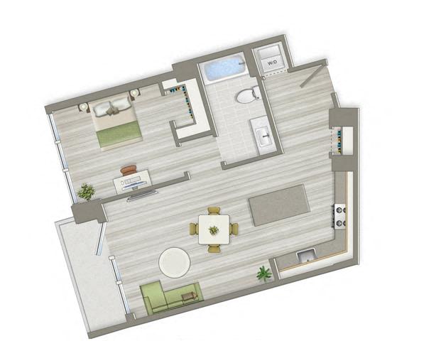 Floor plan for 1 bed, 1 bath, 633 sqft